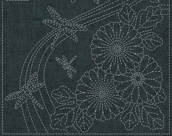 NEW COLORS QH Textiles sashiko pre-printed wash-away panel - Twilight Dragonfly on yarn dyed cotton