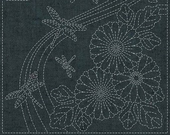 NEW QH Textiles sashiko pre-printed wash-away panel - Twilight Dragonfly on yarn dyed cotton