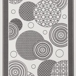 May include: A rectangular textile featuring a black and white pattern of overlapping circles. The design includes various geometric motifs, such as concentric rings, cross-hatching, and star-like patterns, all framed by a dotted black border.