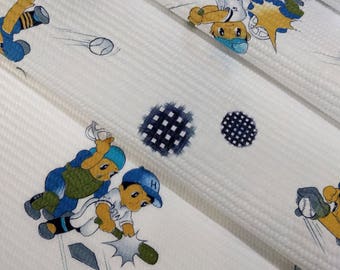 children's waffle weave cotton yukata fabric boy baseball players  - by the yard