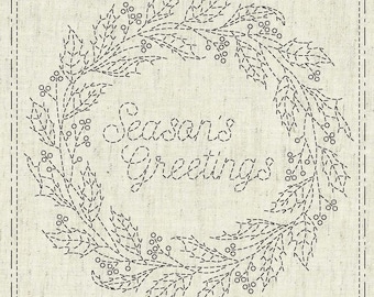 NEW QH Textiles sashiko pre-printed wash-away pattern sampler - Season's Greetings Christmas Wreath