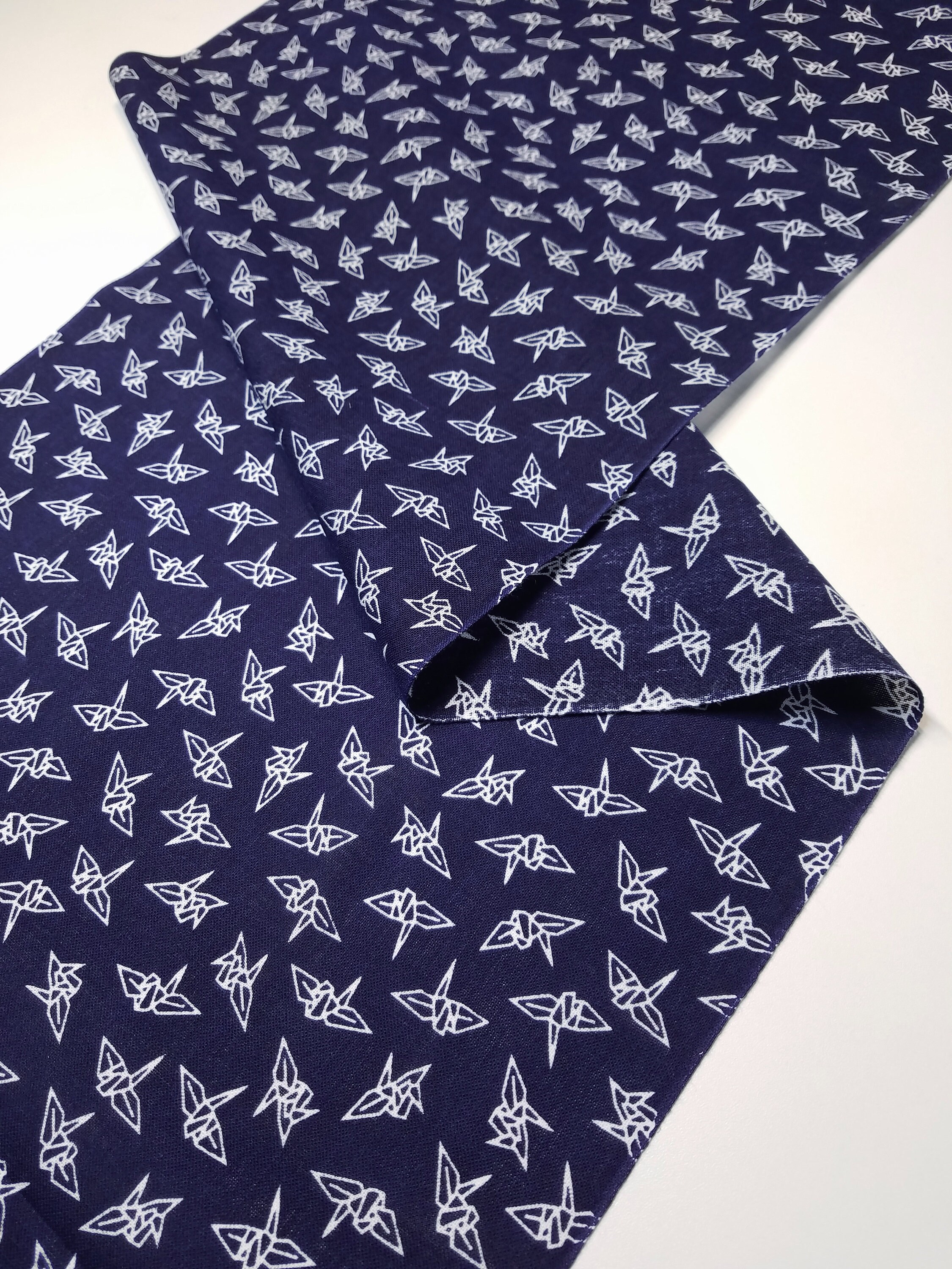 Japanese navy and white origami crane pattern Tenugui cotton 24 inch