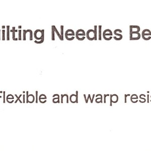 May include: A product description for quilting needles, featuring the product code "THN-089e" and the text "Quilting Needles Betweens Assorted". The description highlights the features of the needles, including a large needle eye, flexibility, warp resistance, and smooth fabric penetration.