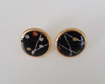 24k gold stud earrings with black patterned kimono fabric