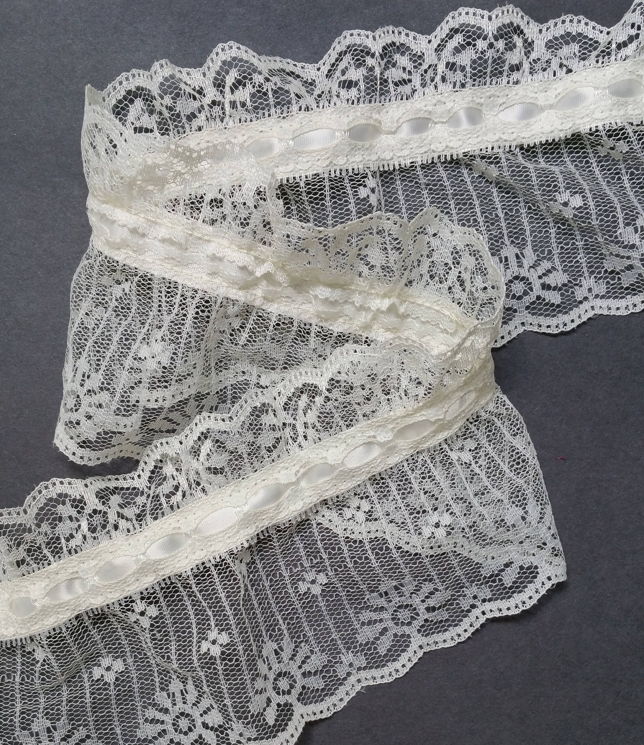 Vintage, 3.5 inch, pale ivory color ruffled lace trim with satin ribbon ...