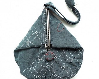NEW QH Textiles sashiko slide clasp purse kit with blue yarn dyed cotton