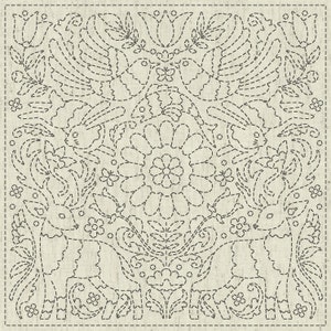 QH Textiles sashiko pre-printed wash-away pattern sampler - animal &quot;Good News&quot; pattern on natural beige greige