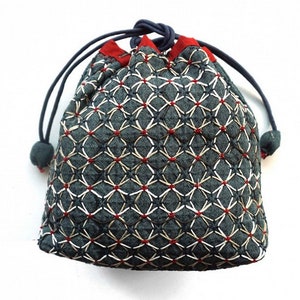 NEW QH Textiles kuguri-sashi woven sashiko drawstring bag kit with blue yarn dyed cotton