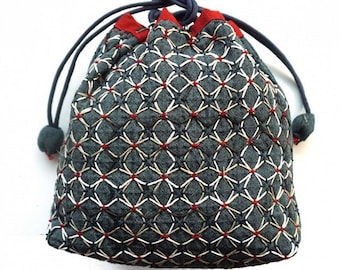 NEW QH Textiles kuguri-sashi woven sashiko drawstring bag kit with blue yarn dyed cotton