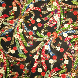 Quilt Gate Hyakka Ryoran Suzune cotton - Noshi and Bells over Black