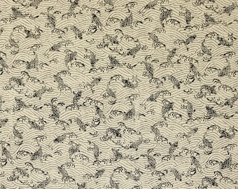 Sevenberry Japan Nara Homespun cotton canvas fabric - wave and koi pattern over beige greige