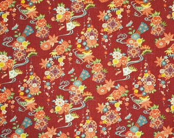 Sevenberry Japan kiku Collection - Brick red water and floral patterned cotton fabric