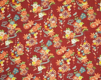 New Sevenberry Japan kiku Collection - Brick red water and floral patterned cotton fabric