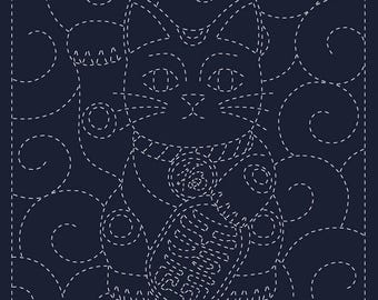 NEW for 2025  Maneki-Neko lucky cat - QH Textiles sashiko pre-printed wash-away pattern sampler