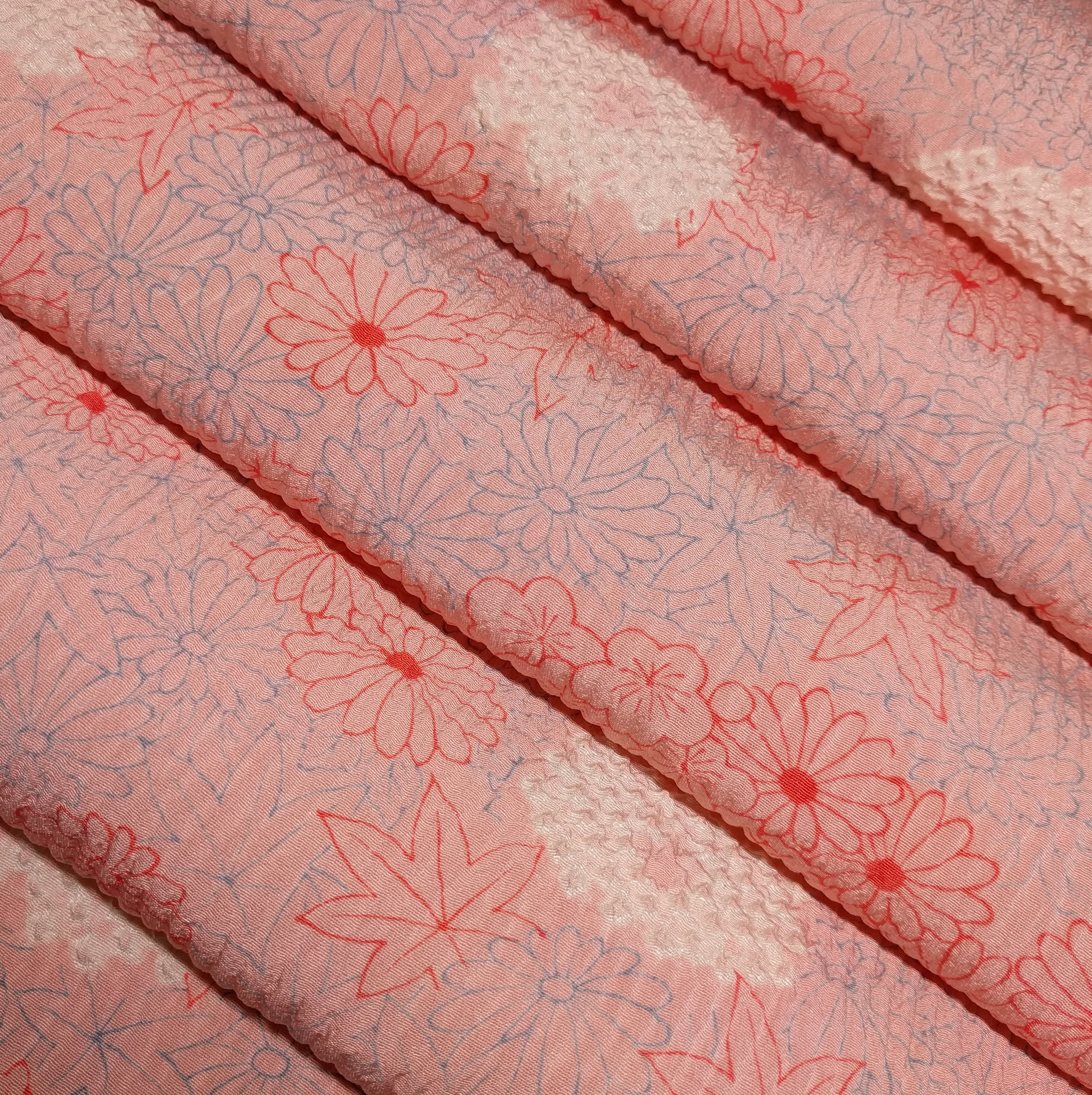 Light pink silk Kimono Fabric with shibori details, floral and maple