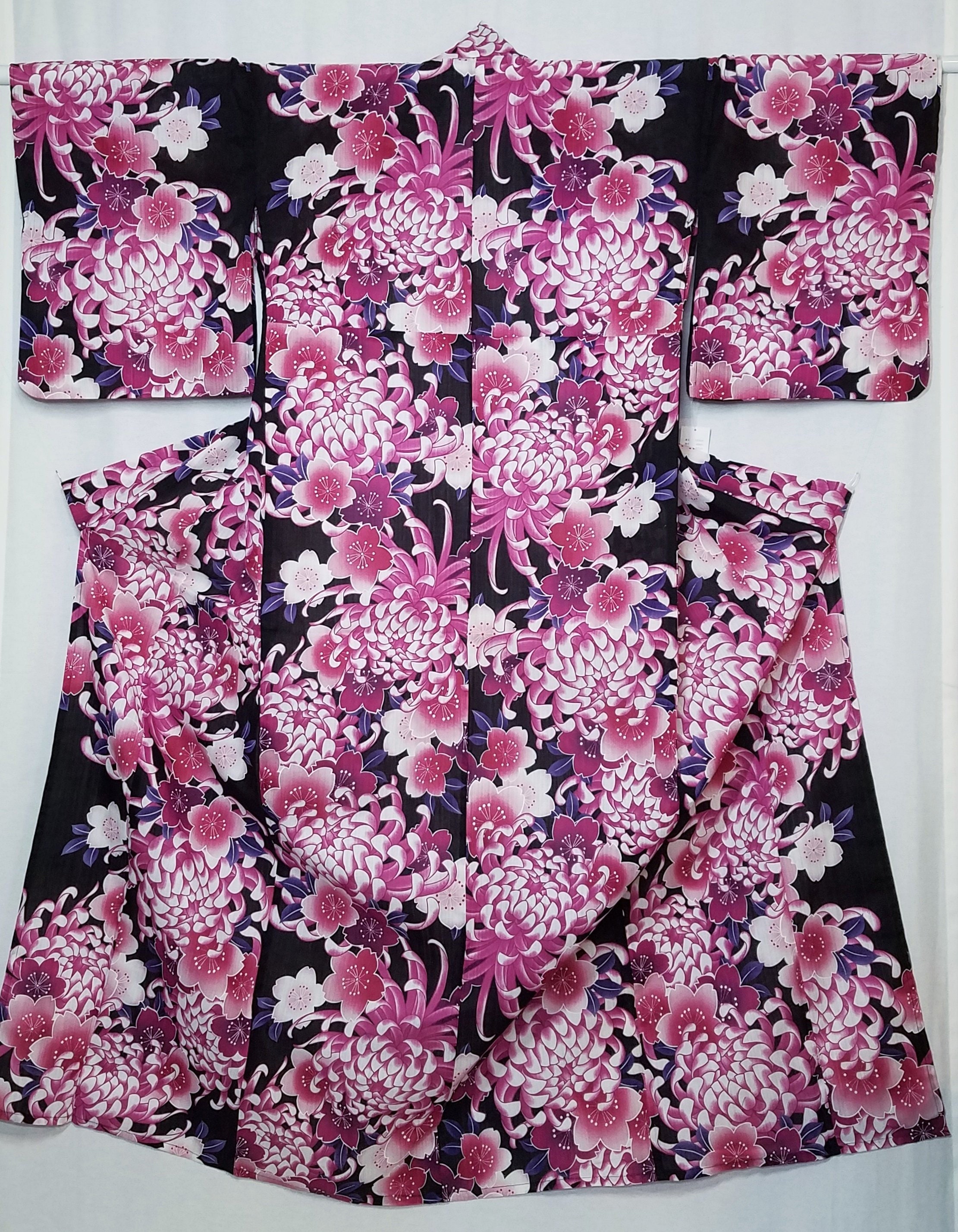 Women's new, cotton yukata - pink, purple and black sakura and kiku