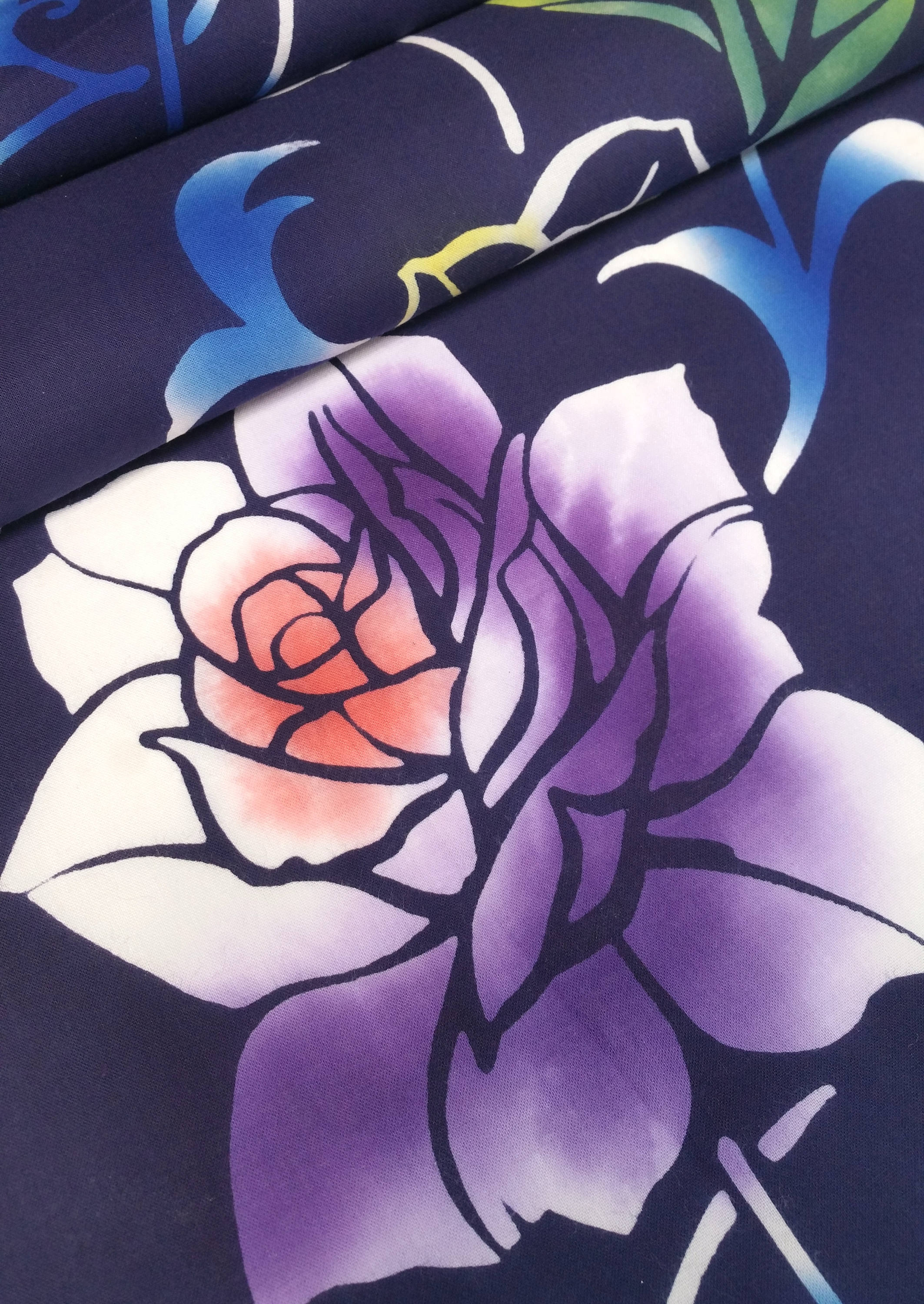 Dark Blue Indigo Cotton Yukata Fabric With Lavender And Yellow Roses By The Yard