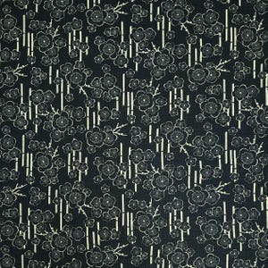 Sevenberry Japan rustic weave homespun cotton fabric - ume plum blossoms and bamboo pattern over deep navy hue