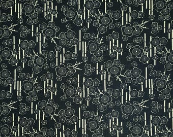 Sevenberry Japan rustic weave homespun cotton fabric - ume plum blossoms and bamboo pattern over deep navy hue