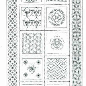 Sashiko pre-printed wash-away pattern sampler panel - Garden Blocks HM-32 on dark navy