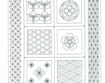 Sashiko pre-printed wash-away pattern sampler panel - Garden Blocks HM-32 on dark navy