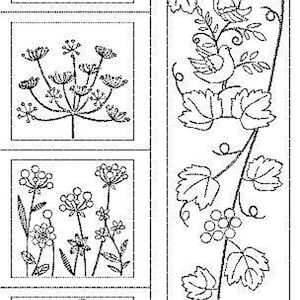 May include: A collection of botanical embroidery patterns. The designs include a floral wreath, various flower and plant illustrations, and a vine with grapes and birds. All designs are rendered in a simple, dotted line style.