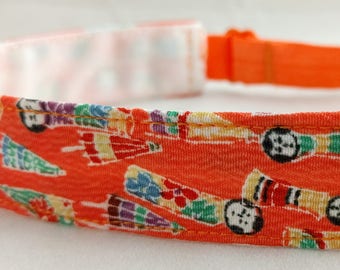 Adjustable non-slip Headband hairband made with vintage silk kimono fabric - orange kokeshi doll