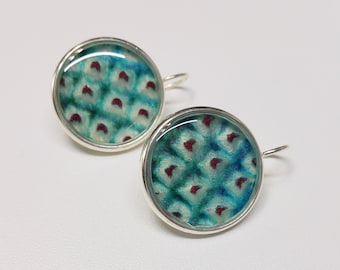 Sterling silver pendant earrings with turquoise blue and deep red colored shibori kimono fabric