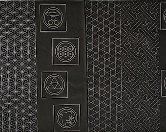 Black pre-printed wash-away sashiko fabric - Traditional sashiko patterns and crests panel Z-105-A