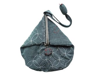 QH Textiles sashiko slide clasp purse kit with blue yarn dyed cotton