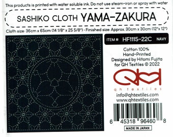 QH Textiles sashiko pre-printed wash-away pattern sampler - "Yama-zakura" sakura flower kamon and asanoha on navy cotton