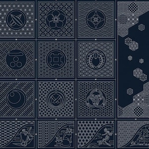 May include: A navy blue fabric with white stitched patterns. The fabric is divided into 16 squares, each containing a different geometric design. The right side of the fabric features a repeating pattern of hexagons.