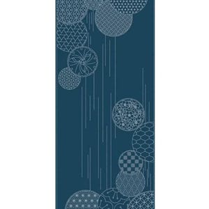 May include: A rectangular yoga mat in a deep blue colour, decorated with a pattern of overlapping circles in varying sizes and intricate white designs. Vertical white lines cascade down the centre, creating a sense of movement. The mat's design evokes a sense of calm.