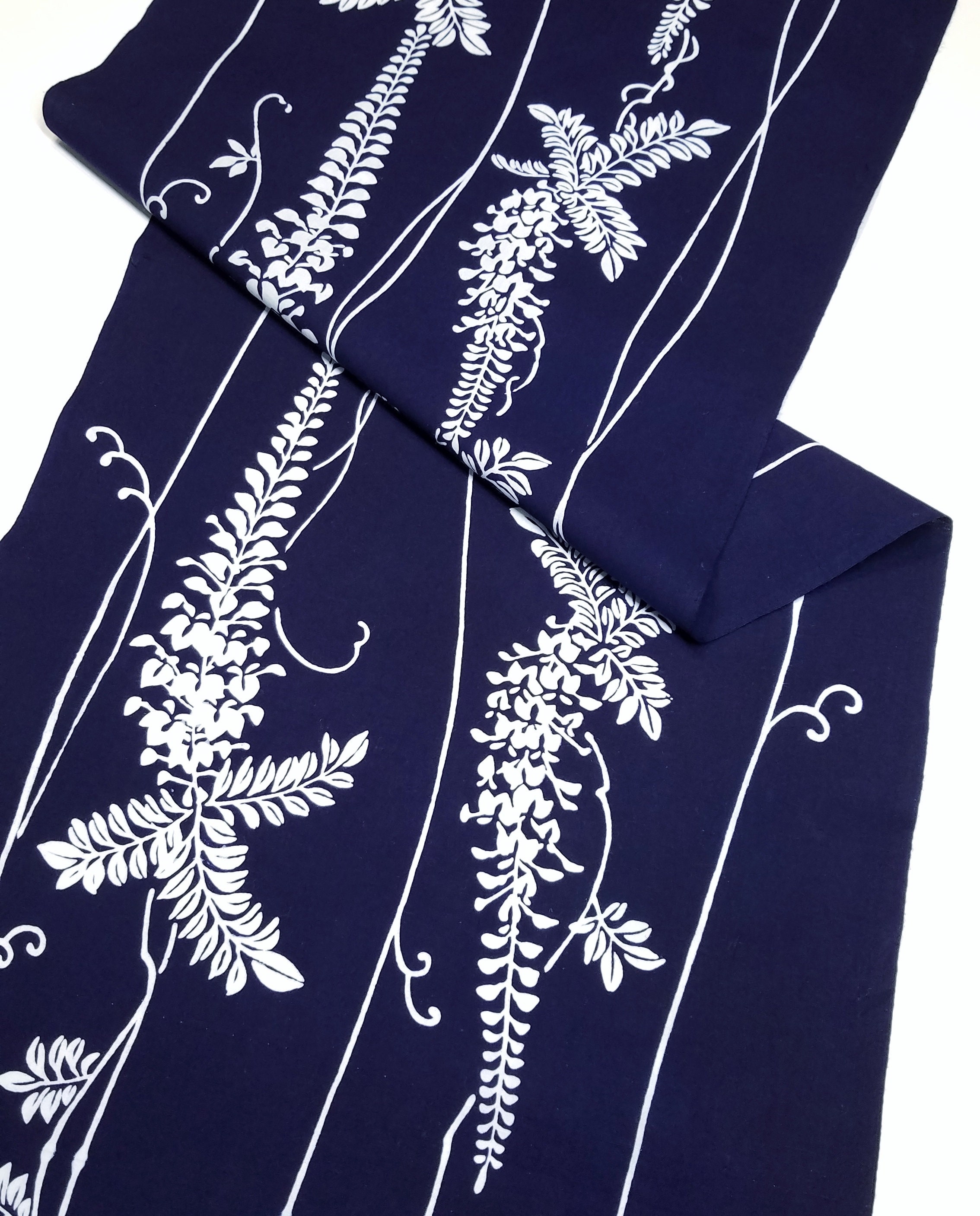 Indigo blue and white wistera Japanese yukata cotton fabric section