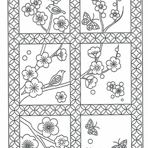 May include: A black and white line drawing of four squares, each containing a floral design. The design features a branch with flowers and leaves, and a bird or butterfly in each square.