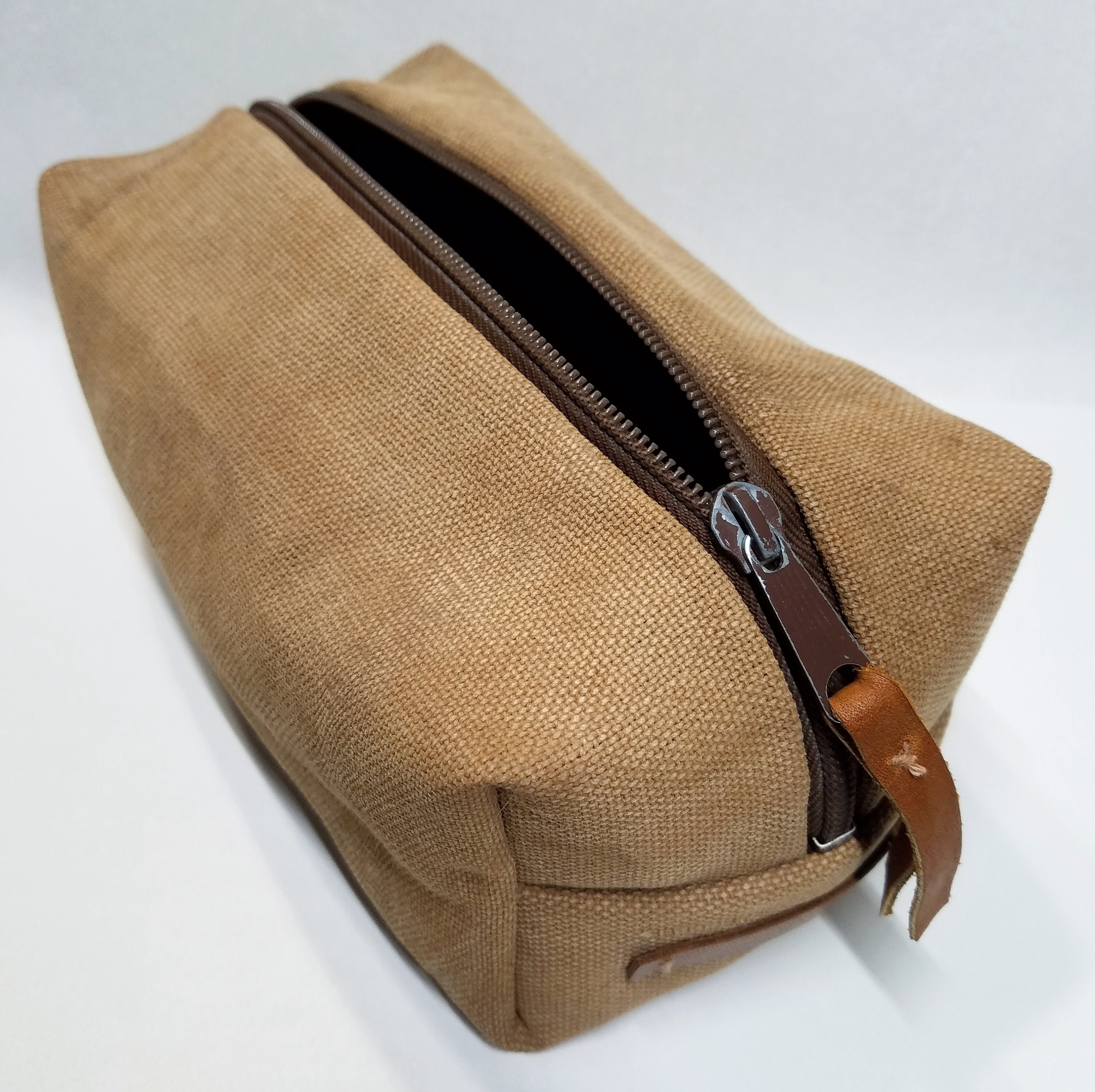 Men's dopp travel bag created with antique sakabukuro kakishibu dyed canvas
