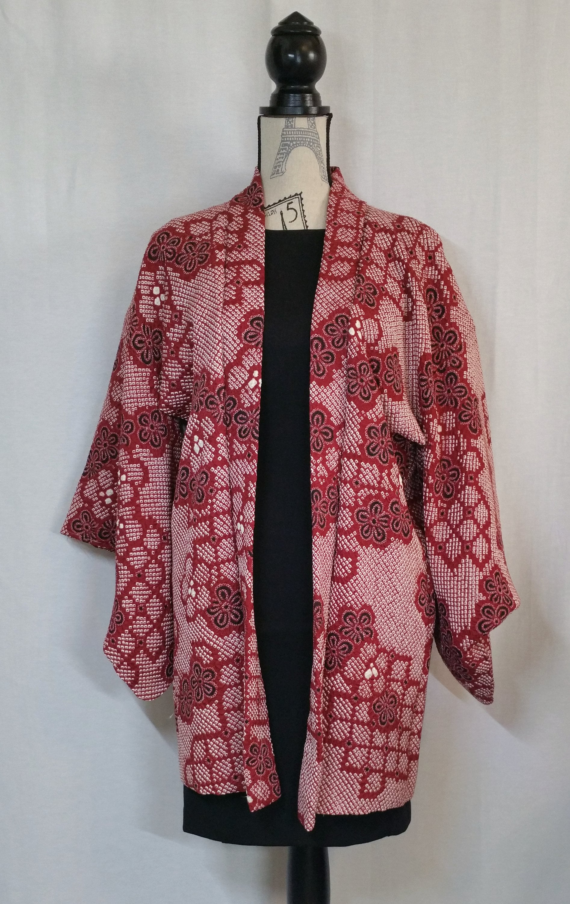Women's vintage, unused shibori Haori kimono jacket - maroon, black and ...