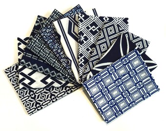 Vintage Indigo blue and white cotton yukata fabric - half yard scrap pack of 10 different fabrics