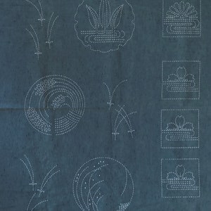 May include: A blue fabric with white embroidered designs. The designs include various floral patterns, geometric shapes, and stylized representations of nature.