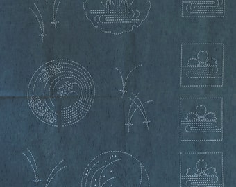 BeBe Bold sashiko pre-printed wash-away panel - floral crests and grasses on tsumugi cotton