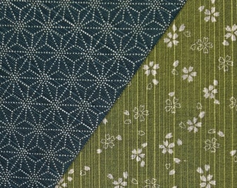 Sevenberry Japan reversible double sided asanoha and sakura dobby cotton in green and blue-green