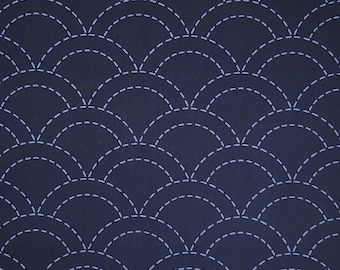 Dark indigo navy pre-printed wash-away sashiko fabric -  Seigaiha wave pattern 103-B