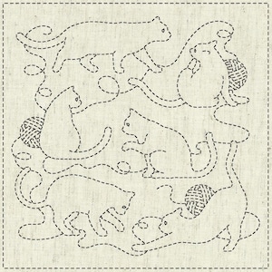 May include: A black and white illustration of six cats playing with balls of yarn. The cats are drawn in a simple, stylised manner, with their bodies outlined in dashed lines. The yarn balls are also drawn in dashed lines.