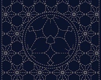 QH Textiles sashiko pre-printed wash-away pattern sampler - "Yama-zakura" sakura flower kamon and asanoha on navy cotton