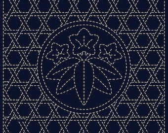 QH Textiles sashiko pre-printed wash-away pattern sampler - "Sasa-rin-dou" Gentiana flower kamon and lattice on navy cotton