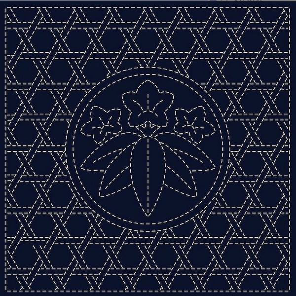 QH Textiles sashiko pre-printed wash-away pattern sampler - "Sasa-rin-dou" Gentiana flower kamon and lattice on navy cotton