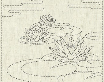 QH Textiles sashiko pre-printed wash-away pattern sampler - water lily pattern on natural beige greige