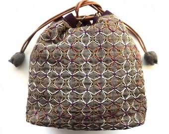 NEW QH Textiles kuguri-sashi woven sashiko drawstring bag kit with brown yarn dyed cotton