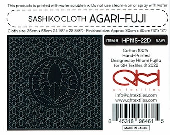 QH Textiles sashiko pre-printed wash-away pattern sampler - "Argari-fuji" wisteria kamon and shippo on navy cotton