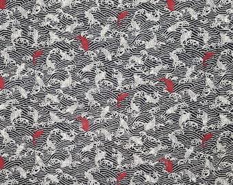 Sevenberry Japan Nara Homespun cotton canvas fabric - wave and red koi pattern over deep navy indigo